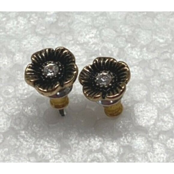 Vintage Flower Stud Earrings Black Floral Rhinestone Accent 1/4 Inch - Picture 8 of 8